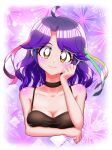  1girl absurdres ahoge bare_arms bebii black_choker breasts brown_eyes choker cleavage closed_mouth collarbone cropped_torso hair_intakes head_rest head_tilt highres long_hair looking_at_viewer medium_breasts multicolored_hair older precure purple_hair shiny shiny_hair shiny_skin smile solo spaghetti_strap streaked_hair suzumura_sango tropical-rouge!_precure upper_body 