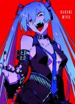  1girl black_nails blue_hair breasts collar detached_sleeves fangs hagane_miku hair_between_eyes hatsune_miku highres jewelry long_hair looking_at_viewer multiple_rings necktie open_mouth par0llel red_background ring simple_background small_breasts solo teeth tongue tongue_out twintails very_long_hair vocaloid 