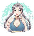  1girl ahoge alternate_costume bangs bare_shoulders bikini blue_bikini blue_eyes blue_nails blue_swimsuit braid breasts choker cleavage commission commissioner_upload cosplay fire_emblem fire_emblem:_three_houses fire_emblem_fates fire_emblem_heroes flower hairband highres looking_at_viewer marianne_von_edmund marianne_von_edmund_(cosplay) medium_breasts nail_polish nanatuki nina_(fire_emblem) non-web_source official_alternate_costume open_mouth parted_bangs swimsuit twin_braids 