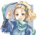  1girl blonde_hair brown_eyes final_fantasy final_fantasy_v hair_ornament kidaniy krile_mayer_baldesion long_hair looking_at_viewer ninja ninja_(final_fantasy) open_mouth ponytail scarf shuriken_hair_ornament smile solo 