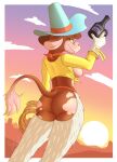  2022 absurd_res anthro belt bovid bovine breasts brown_body butt cattle chaps clothed clothing cloud cowboy cowboy_hat cowboy_outfit cuphead_(game) desert detailed digital_drawing_(artwork) digital_media_(artwork) epileptic_goat esther_winchester_(cuphead) female gloves green_eyes gun hair handgun handwear hat headgear headwear hi_res holding_object holding_weapon legwear looking_at_viewer looking_back mammal nipples outside pistol presenting raised_tail ranged_weapon rope shirt signature simple_background sky small_breasts small_butt smile solo spots standing sun sunset tall_image teeth tied_shirt topwear video_games watermark weapon western yellow_clothing yellow_shirt yellow_topwear 