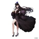  ash_arms black_dress black_footwear black_hair blue_eyes brown_gloves closed_mouth contrapposto cup dress feather_boa floating_hair full_body gloves hat high_heels highres holding holding_cup kaoming looking_at_viewer plunging_neckline shoes simple_background smile white_background 