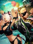  1boy 1girl angel_(kof) animal_ears animal_print bra breasts chaps chinese_zodiac cropped_jacket eyepatch fingerless_gloves gloves hair_over_one_eye jacket large_breasts leather leather_jacket official_art ramon_(kof) snk strapless strapless_bra the_king_of_fighters the_king_of_fighters_all-stars the_king_of_fighters_xiv tiger_ears tiger_print toned underwear white_hair year_of_the_ox year_of_the_tiger 
