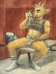  absurd_res american_football anthro bench bodily_fluids bulge bulge_fondling cervid cervine clothing crop_top dj_strap fangs footwear fur genital_fluids hi_res horn inside jockstrap locker_room male mammal midriff muntjac precum precum_through_jockstrap shirt sicklyhypnos sitting sniffing socks solo sport sweat text text_on_clothing text_on_topwear topwear underwear underwear_sniffing yellow_body yellow_fur 