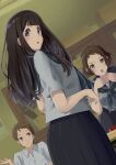  1boy 2girls :o absurdres black_hair black_sailor_collar black_skirt blue_eyes brown_eyes brown_hair chitanda_eru collared_shirt dress_shirt dutch_angle fukube_satoshi grey_neckerchief grey_shirt highres hyouka ibara_mayaka indoors long_hair looking_at_viewer matebashi multiple_girls neckerchief open_mouth pleated_skirt sailor_collar school_uniform serafuku shiny shiny_hair shirt short_hair short_sleeves skirt straight_hair wing_collar 