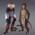  2022 anthro balls black_body brown_body duo foreskin fur genitals hair haplorhine hi_res humanoid_genitalia humanoid_penis looking_at_viewer lostgoose male mammal monkey nude penis pose presenting presenting_penis primate simple_background standing 