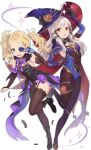  2girls alternate_costume aqua_eyes asymmetrical_legwear bangs black_dress black_footwear black_gloves black_legwear blonde_hair bodystocking boots bow bowtie breasts bridal_gauntlets cape commentary cosplay detached_sleeves dress elbow_gloves english_commentary eyepatch feathers fire_emblem fire_emblem:_three_houses fire_emblem_awakening fischl_(genshin_impact) fischl_(genshin_impact)_(cosplay) fishnets forehead full_body fur-trimmed_cape fur_trim garter_straps genshin_impact gloves haru_(nakajou-28) hat highleg highleg_leotard highres large_hat leotard lissa_(fire_emblem) long_hair looking_at_viewer lysithea_von_ordelia mona_(genshin_impact) mona_(genshin_impact)_(cosplay) multiple_girls open_mouth pantyhose parted_bangs pose purple_bow red_eyes short_twintails sleeveless sleeveless_dress small_breasts smile standing standing_on_one_leg strapless strapless_leotard tailcoat thighhighs thighlet twintails uneven_legwear v white_background white_hair witch_hat 