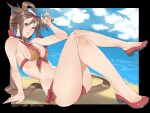  1girl arm_support bangs bare_shoulders bikini breasts brown_eyes brown_hair choker commentary_request crossed_legs full_body guilty_gear hair_ornament hand_up highres kuma_(jk0073) kuradoberi_jam long_hair looking_at_viewer medium_breasts parted_lips red_bikini red_footwear shiny shiny_hair shoes signature simple_background sitting swimsuit thighs 