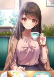  1girl amagi_shino artist_name bangs blouse blush bracelet brown_coat brown_eyes brown_hair cake character_request coat coat_on_shoulders coffee coffee_cup collarbone commentary_request copyright_request cup disposable_cup drinking earrings english_text eyelashes food glint hand_up happy highres holding holding_cup indoors jewelry long_sleeves looking_at_viewer medium_hair necklace pink_shirt plate sample_watermark saucer shirt signature sitting smile solo teaspoon watch wristwatch 