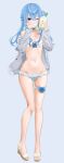  1girl ;) ass_visible_through_thighs bikini blue_choker blue_eyes blue_hair braid cardigan choker closed_mouth collarbone full_body grey_background grey_cardigan groin highres holding hololive hoshimachi_suisei long_hair looking_at_viewer micro_bikini navel one_eye_closed open_cardigan open_clothes sanko_(nisanko) shiny shiny_hair simple_background sleeves_past_wrists smile solo standing swimsuit thigh_gap thigh_strap virtual_youtuber white_bikini 