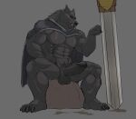  2022 abs absurd_res anthro balls big_penis biped black_glans blaidd_(elden_ring) canid canine canis cape cape_only claws clothing digital_media_(artwork) elden_ring facial_scar finger_claws fromsoftware fur genitals glans grey_background grey_body grey_fur hi_res holding_object holding_sword holding_weapon humanoid_genitalia humanoid_penis male mammal melee_weapon mostly_nude muscular muscular_anthro muscular_male nipples pecs penis plantigrade scar seyrmo simple_background sitting solo sword toe_claws video_games weapon wolf 