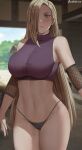  1girl artist_name black_panties blonde_hair blurry blurry_background blush breasts closed_mouth cowboy_shot crop_top earrings english_commentary fishnet_armwear green_eyes hair_over_one_eye high-waist_panties highres jewelry large_breasts long_hair looking_at_viewer naruto_(series) naruto_shippuuden navel no_pants oroborus panties smile solo thong underwear yamanaka_ino 