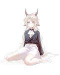  1boy animal_ear_fluff animal_ears arknights ascot bangs belt black_shirt calcite_(arknights) eyebrows_behind_hair frilled_ascot frills full_body gem goat_boy goat_ears goat_horns grey_hair highres horns jewelry leaning leaning_back leather_belt long_hair looking_at_viewer multicolored_eyes parted_lips pleated_shirt purple_eyes purple_gemstone shirt shorts sidelocks simple_background sitting socks solo very_long_hair wariza white_ascot white_background white_legwear white_shorts yellow_pupils yunluo 