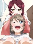  2girls ;d absurdres blue_eyes brown_hair drying drying_hair highres indoors long_hair looking_up love_live! love_live!_sunshine!! medium_hair multiple_girls one_eye_closed open_mouth red_hair sakurauchi_riko shiny shiny_hair shirt short_sleeves smile t-shirt towel upper_body watanabe_you wet wet_hair white_shirt yellow_eyes yuchi_(salmon-1000) 