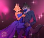  1boy 1girl animal_ears animal_nose black_suit blue_bow blue_bowtie blurry blurry_background body_fur bow bowtie breasts crowd diane_foxington eye_contact formal fox_ears fox_girl furry furry_female furry_male grey_fur hetero high_heels jewelry kukumomo leg_up long_skirt looking_at_another mr._wolf necklace orange_fur pants purple_footwear purple_pants purple_skirt skirt small_breasts snout sparkle strapless suit tail tango the_bad_guys_(film) wolf_boy wolf_ears wolf_tail 
