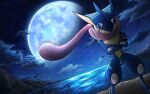  bright_pupils cloud commentary_request crossed_arms greninja legs_apart moon night no_humans outdoors pink_eyes pokemon sky standing takanishi_takashi tongue water white_pupils 