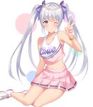  1girl bare_legs bare_shoulders blue_eyes breasts cheerleader closed_mouth clothes_writing grey_hair highres long_hair looking_at_viewer medium_breasts miniskirt navel nekomori_caburi one_eye_closed original pink_skirt pleated_skirt shiny shiny_hair shoes sitting skirt sneakers solo twintails v 