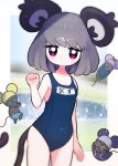  1girl :&lt; animal_ears armpits bangs blunt_bangs border breasts covered_navel cowboy_shot dotaku_(wran8845) film_grain grey_hair highres jitome looking_at_viewer mouse mouse_ears mouse_girl mouse_tail name_tag nazrin one-piece_swimsuit outside_border red_eyes school_swimsuit serious short_hair small_breasts solo swimsuit tail thighs touhou 