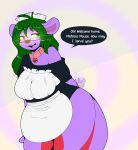  2022 absurd_res anthro breasts collar cute_fangs dialogue english_text eyewear female freckles glasses glowing glowing_eyes green_eyes green_hair hair hi_res mammal maynara mind_control mustelid open_mouth pink_body simple_background smile solo text white_apron white_background 