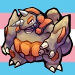  2018 3_fingers ambiguous_gender armor brown_body colored digital_media_(artwork) digital_painting_(artwork) fingers hi_res horn lgbt_pride looking_at_viewer nintendo orange_body plate_armor plated_scales pok&eacute;mon pok&eacute;mon_(species) pride_colors red_eyes rhyperior shaded solo thumpleweed transgender_pride_colors video_games 