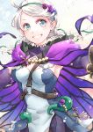  1girl ahoge alternate_costume armpits bangs blue_eyes braid breasts butterfly_wings cape chest_harness choker cleavage ebi_puri_(ebi-ebi) fire_emblem fire_emblem_fates fire_emblem_heroes flower green_hairband hair_flower hair_ornament hairband harness hood hood_down key long_hair looking_at_viewer looking_to_the_side medium_breasts nina_(fire_emblem) parted_bangs plant purple_hood smile solo teeth turtleneck twin_braids upper_body vines white_hair wings 