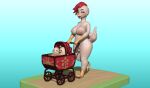  3d_(artwork) anthro avian beak big_breasts bird breasts carriage chicken digital_media_(artwork) egg eyes_closed feathers female fizzymola galliform gallus_(genus) genitals mother mother_and_child nude open_mouth parent parent_and_child phasianid pushing pussy smile solo walking wide_hips 