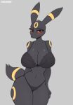  2022 anthro big_breasts black_body black_fur blush bra breasts cleavage clothed clothing cooliehigh eeveelution female fur grey_background hi_res looking_at_viewer midriff multicolored_body multicolored_fur nintendo panties pok&eacute;mon pok&eacute;mon_(species) red_sclera simple_background solo thick_thighs two_tone_body two_tone_fur umbreon underwear video_games yellow_body yellow_fur 