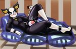 anthro artist_creator_world boots boston_terrier bulge canid canine canis chastity_device chewing_gum clothing collar cuffs_(clothing) domestic_dog embarrassed footwear high_heeled_boots high_heels hunting_dog iggy_(jjba) jojo&#039;s_bizarre_adventure laying_on_pillow looking_away lying male mammal molosser on_back rubber rubber_clothing rubber_suit sex_toy simple_background small_molosser solo terrier toy_dog vibrator 