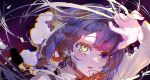  1girl absurdres arm_up bangs blush chromatic_aberration fang flower hair_flower hair_ornament heterochromia highres hololive hololive_indonesia long_sleeves moona_hoshinova old_metal_666 parted_lips portrait purple_eyes purple_hair skin_fang solo virtual_youtuber white_flower yellow_eyes 