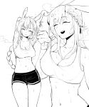  1girl ^_^ ^o^ animal_ears arknights armpits arms_behind_head bangs braid breasts cleavage closed_eyes greyscale highres kroos_(arknights) long_hair lownd midriff monochrome multiple_views navel rabbit_ears shorts simple_background smile sports_bra sweat teeth white_background 