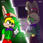  anthro art_improvement belt belt_buckle blonde_hair bottomwear bow_tie buckteeth clothing coffee_mug darlan_bunnit dialogue different_artstyle domestic_rabbit duo dutch_rabbit gloves green_clothing green_eyes green_shirt green_topwear green_vest hair handwear hi_res lagomorph leporid male mammal mug oryctolagus pants past_and_present past_meets_present prosthetic prosthetic_arm prosthetic_limb rabbit red_bottomwear red_clothing red_pants shaded shirt square_crossover teeth text topwear vest whiskers white_clothing white_gloves white_handwear 