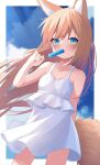  1girl animal_ear_fluff animal_ears arm_behind_back blue_eyes blush breasts brown_hair cloud dress eating food fox_ears fox_girl fox_tail highres long_hair original outdoors popsicle sakuma_hiragi short_dress sky small_breasts solo sundress tail white_dress 