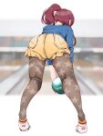  1girl ass ass_focus ball blue_shirt bowling_ball facing_away from_behind full_body highres holding holding_ball idolmaster idolmaster_shiny_colors long_hair long_sleeves monsiurbeat2 osaki_tenka pantyhose print_legwear red_hair shirt shorts side_ponytail solo star_(symbol) star_print yellow_shorts 