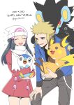  1boy 1girl :d beanie black_shirt blonde_hair blue_eyes blue_jacket closed_eyes coat commentary_request dawn_(pokemon) eyelashes hair_ornament hairclip happy_new_year hat highres holding holding_pokemon jacket long_hair long_sleeves luxray open_clothes open_jacket open_mouth pachiko_(norazaemon38) piplup poke_ball_print pokemon pokemon_(creature) pokemon_(game) pokemon_dppt pokemon_platinum raichu raised_eyebrows scarf shirt smile spiked_hair volkner_(pokemon) white_headwear white_scarf 