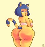  animal_crossing ankha_(animal_crossing) anthro big_breasts big_butt blue_eyes blue_hair breasts butt clothing domestic_cat felid feline felis female hair half-closed_eyes hi_res huge_butt looking_at_viewer looking_back mammal markings narrowed_eyes nintendo robnashe solo striped_markings striped_tail stripes tail_markings thick_thighs topwear video_games yellow_body 