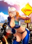  angel_(kof) blue_eyes bra breasts chaps cropped_jacket desert fingerless_gloves gloves ground_vehicle hair_over_one_eye jacket large_breasts leather leather_jacket motor_vehicle motorcycle official_art road_sign sign snk strapless strapless_bra the_king_of_fighters the_king_of_fighters_all-stars the_king_of_fighters_xiv the_king_of_fighters_xv toned underwear white_hair 