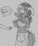  anthro bottomwear bracelet clothed clothing disembodied_hand dragon female hair hi_res horn jewelry madam_reni_(twokinds) midriff monochrome necklace nervous scalie shaking simple_background sketch skirt solo topwear trembling tube_top twokinds w0lfmare webcomic 
