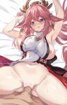  1boy 1girl armpits arms_up bed_sheet blush bouncing_breasts breasts breasts_out clothing_aside dress dress_aside erection genshin_impact hair_ornament highres kagemi large_breasts looking_at_viewer lying navel on_back open_mouth penis pink_hair purple_eyes pussy sex smile spread_legs sweat sweatdrop thighs yae_miko 