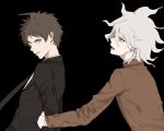  2boys ahoge arm_grab bangs black_background brown_hair brown_jacket brown_necktie chenniiiii danganronpa_(series) danganronpa_3_(anime) from_side grey_eyes grey_hair highres hinata_hajime hope&#039;s_peak_academy_school_uniform jacket komaeda_nagito looking_at_another lower_teeth male_focus multiple_boys necktie open_mouth school_uniform short_hair simple_background teeth upper_body 