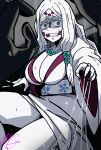  1girl arthropod_girl breasts cleavage colored_skin facial_mark forehead_mark grey_eyes hair_ornament highres imminent_rape japanese_clothes jewelry kimetsu_no_yaiba kimono large_breasts long_hair mark_gavatino mother_spider_demon_(kimetsu_no_yaiba) nail_polish necklace pale_skin rape scared silk solo_focus spider_girl spider_web thick_eyebrows white_hair white_skin 