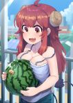  1girl ahoge blue_camisole blue_shorts blue_sky blush breasts brown_eyes brown_hair brown_horns camisole cleavage cloud commentary_request cowboy_shot curled_horns day demon_girl demon_horns demon_tail fang food fruit fuka_(kantoku) highres holding holding_food holding_fruit horns large_breasts long_hair machikado_mazoku open_mouth outdoors railing shiny shiny_hair shorts skin_fang sky smile solo tail watermelon yoshida_yuuko_(machikado_mazoku) 