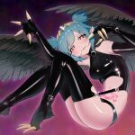  1girl animal_feet bangs bare_shoulders black_feathers black_wings blue_hair breasts claws feathers harpy heart heart-shaped_pupils highres indie_virtual_youtuber latex latex_legwear lincoro looking_at_viewer monster_girl pointy_ears red_eyes saiakugenjin short_hair short_twintails solo stomach_tattoo symbol-shaped_pupils talons tattoo thighhighs tiara twintails virtual_youtuber winged_arms wings 