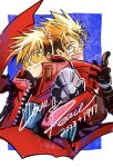  2boys black_gloves blonde_hair dual_persona gloves green_eyes highres jacket mole mole_under_eye multiple_boys open_mouth outside_border prosthesis prosthetic_arm red_jacket rkun820 smile sunglasses trigun trigun_stampede upper_body vash_the_stampede 