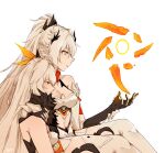  bangs bare_shoulders blue_eyes boots breasts cloud_ya expressionless feet_out_of_frame fur_collar gauntlets gloves hair_between_eyes hair_ornament honkai_(series) honkai_impact_3rd kiana_kaslana kiana_kaslana_(herrscher_of_flamescion) kiana_kaslana_(herrscher_of_the_void) long_hair looking_ahead medium_breasts orange_eyes parted_lips ponytail simple_background sitting very_long_hair white_background white_hair 