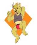  abstract_background anthro barefoot cervid cervine clothing crop_top dj_strap fangs feet fur hand_behind_head hi_res horn jockstrap male mammal midriff muntjac shirt solo tongue tongue_out topwear touyakemone underwear yellow_body yellow_fur 