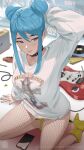  1girl absurdres arm_up blue_eyes blue_hair blush breasts cd cellphone choker double_bun ear_piercing fishnet_legwear fishnets full_body guitar guns_n&#039;_roses hair_bun half-closed_eyes high_heels highres instrument iru_may_(akairiot) legs long_sleeves looking_to_the_side medium_breasts original parted_lips phone piercing shirt sidelocks smartphone solo t-shirt valantains white_shirt 