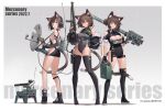  3girls absurdres animal_ear_fluff animal_ears backless_dress backless_outfit bangs barcode barcode_tattoo bilibili_xiaolu black_dress black_footwear black_gloves black_jacket blue_eyes boots breasts brown_hair cat_ears cat_girl cat_tail cleavage closed_mouth covered_navel dress fingerless_gloves full_body gas_can gloves green_leotard gun hair_between_eyes hair_bun hair_ornament hairclip hand_on_hip headphones highres holding holding_gun holding_weapon implied_extra_ears jacket large_breasts leotard long_sleeves looking_at_viewer medium_breasts multiple_girls non-humanoid_robot off_shoulder open_clothes open_jacket original parted_lips pink_eyes puffy_long_sleeves puffy_sleeves robot short_hair short_sleeves sideboob single_hair_bun smile tail tattoo thigh_boots weapon yellow_eyes 