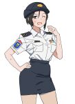  1girl black_eyes black_hair blue_headwear breasts chouno_ami cowboy_shot female_service_cap girls_und_panzer hand_on_hip highres looking_at_viewer medium_breasts one_eye_closed onsen_tamago_(hs_egg) pantyhose pencil_skirt police police_uniform shirt shirt_tucked_in short_hair short_sleeves simple_background skirt solo sweat uniform white_background white_shirt 