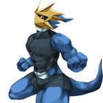  1:1 abs anthro armor athletic athletic_male bandai_namco biceps blue_body bottomwear byshz2000 clothing crop_top digimon digimon_(species) hi_res magnamon male muscular muscular_anthro muscular_male pecs shirt shorts solo tight_clothing topwear 