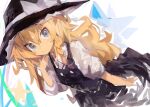  1girl absurdres bangs black_dress black_headwear blonde_hair blue_eyes bow braid closed_mouth commentary dress dutch_angle frilled_hat frills hand_up hat hat_bow highres kaamin_(mariarose753) kirisame_marisa long_hair looking_at_viewer puffy_short_sleeves puffy_sleeves shirt short_sleeves single_braid sketch solo star_(symbol) touhou white_bow white_shirt witch_hat 